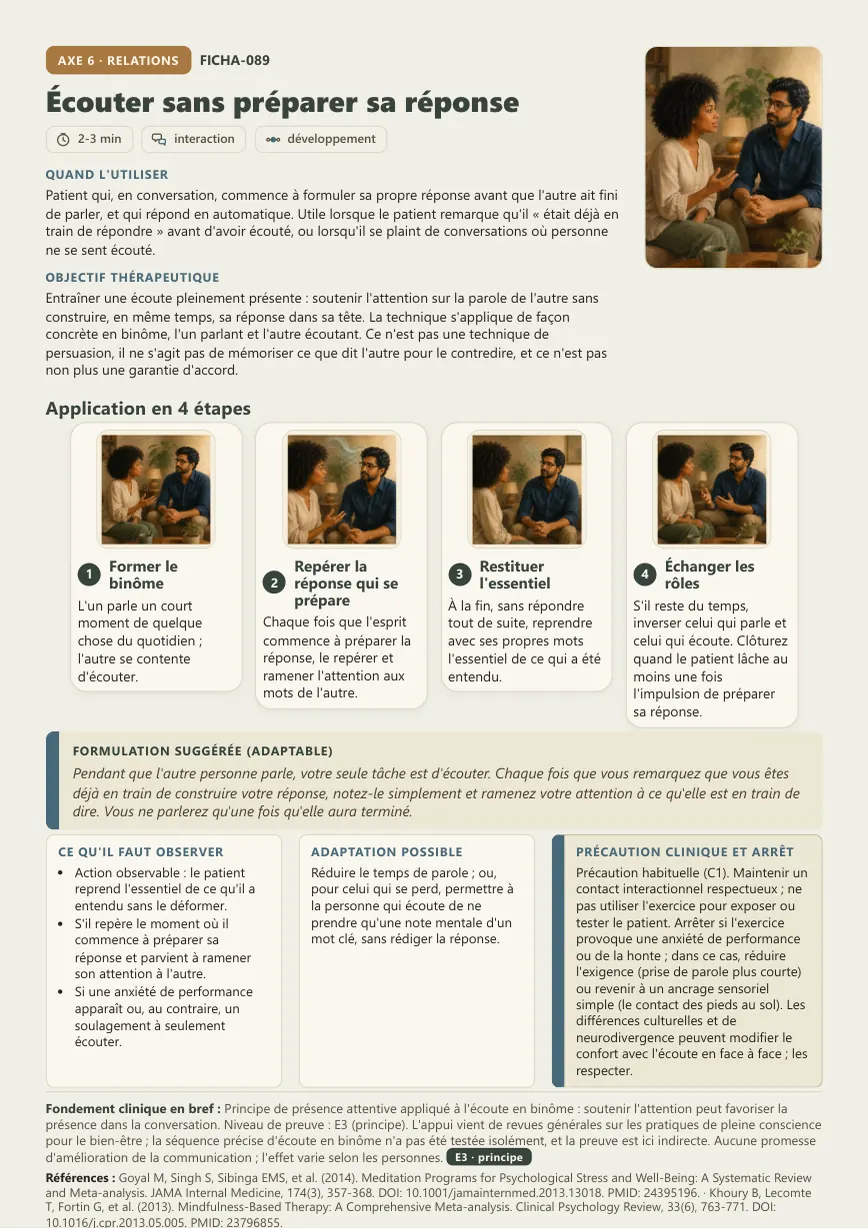 Fiche 089, Écouter sans préparer sa réponse, axe Relations