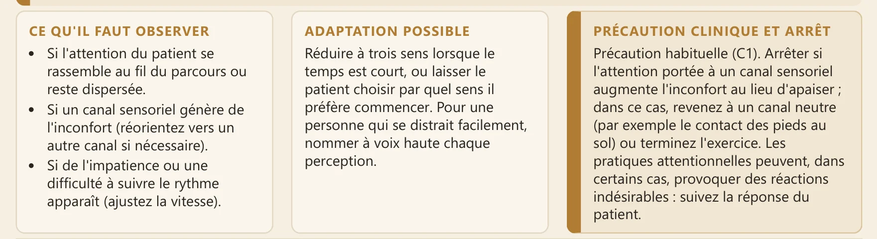Bande d'une fiche avec les champs ce qu'il faut observer, adaptation possible et précaution clinique avec arrêt